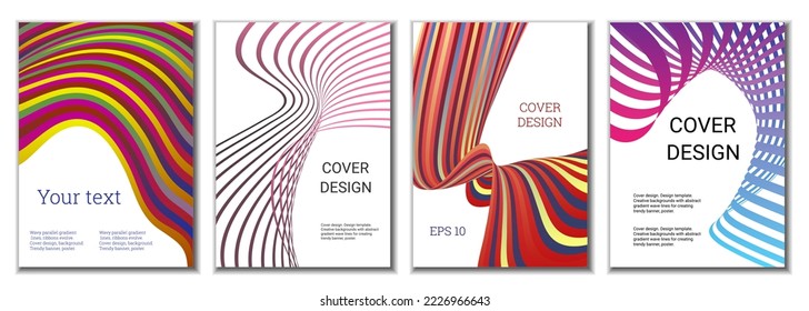 A set of 4 abstract covers. Wavy parallel gradient lines, ribbons evolve. Cover design, background. Trendy banner, poster.
