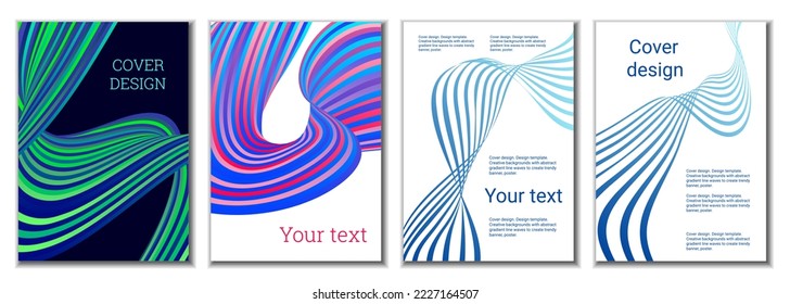 A set of 4 abstract covers. Wavy parallel gradient lines, ribbons evolve. Cover design, background. Trendy banner, poster.