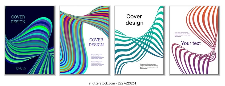 A set of 4 abstract covers. Wavy parallel gradient lines, ribbons evolve. Cover design, background. Trendy banner, poster.