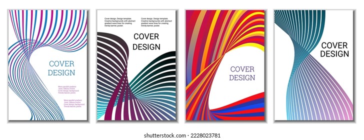 A set of 4 abstract covers. Wavy parallel gradient lines, ribbons evolve. Cover design, background. Trendy banner, poster.