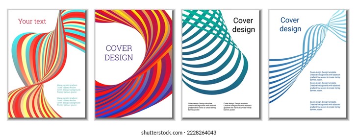 A set of 4 abstract covers. Wavy parallel gradient lines, ribbons evolve. Cover design, background. Trendy banner, poster.