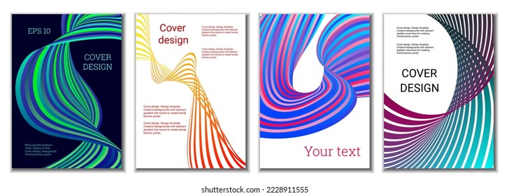 A set of 4 abstract covers. Wavy parallel gradient lines, ribbons evolve. Cover design, background. Trendy banner, poster.