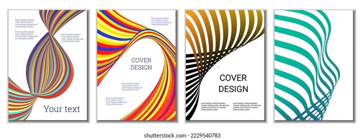 A set of 4 abstract covers. Wavy parallel gradient lines, ribbons evolve. Cover design, background. Trendy banner, poster.