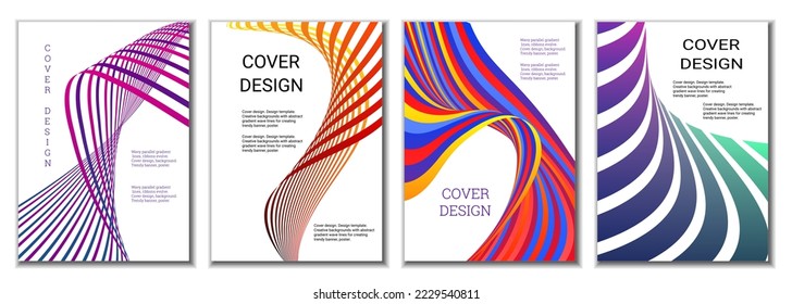 A set of 4 abstract covers. Wavy parallel gradient lines, ribbons evolve. Cover design, background. Trendy banner, poster.