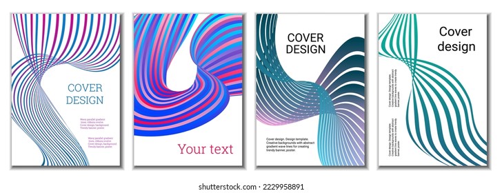 A set of 4 abstract covers. Wavy parallel gradient lines, ribbons evolve. Cover design, background. Trendy banner, poster.