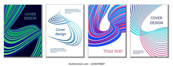 A set of 4 abstract covers. Wavy parallel gradient lines, ribbons evolve. Cover design, background. Trendy banner, poster.