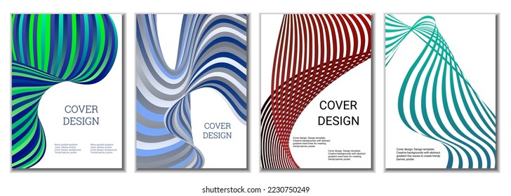 A set of 4 abstract covers. Wavy parallel gradient lines, ribbons evolve. Cover design, background. Trendy banner, poster.