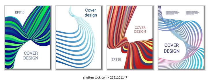 A set of 4 abstract covers. Wavy parallel gradient lines, ribbons evolve. Cover design, background. Trendy banner, poster.