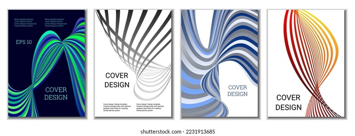 A set of 4 abstract covers. Wavy parallel gradient lines, ribbons evolve. Cover design, background. Trendy banner, poster.