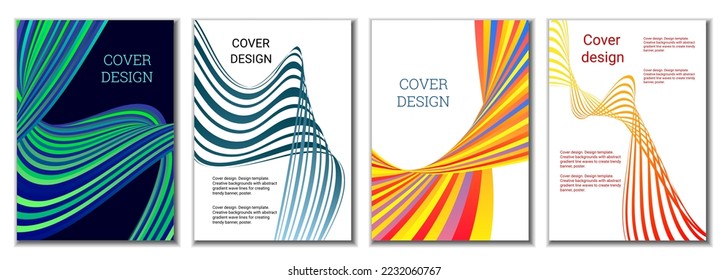 A set of 4 abstract covers. Wavy parallel gradient lines, ribbons evolve. Cover design, background. Trendy banner, poster.