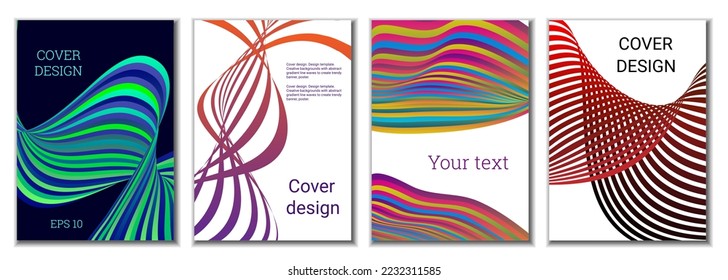 A set of 4 abstract covers. Wavy parallel gradient lines, ribbons evolve. Cover design, background. Trendy banner, poster.