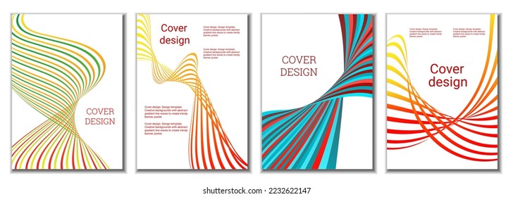 A set of 4 abstract covers. Wavy parallel gradient lines, ribbons evolve. Cover design, background. Trendy banner, poster.