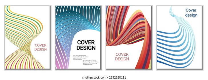 A set of 4 abstract covers. Wavy parallel gradient lines, ribbons evolve. Cover design, background. Trendy banner, poster.