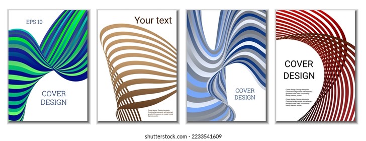 A set of 4 abstract covers. Wavy parallel gradient lines, ribbons evolve. Cover design, background. Trendy banner, poster.