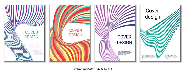 A set of 4 abstract covers. Wavy parallel gradient lines, ribbons evolve. Cover design, background. Trendy banner, poster.