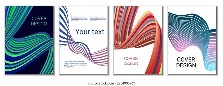 A set of 4 abstract covers. Wavy parallel gradient lines, ribbons evolve. Cover design, background. Trendy banner, poster.