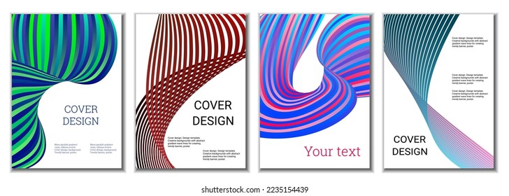 A set of 4 abstract covers. Wavy parallel gradient lines, ribbons evolve. Cover design, background. Trendy banner, poster.