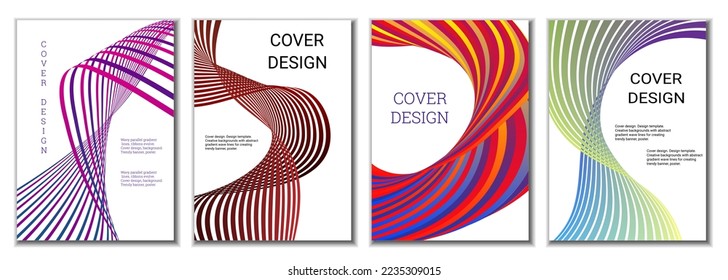 A set of 4 abstract covers. Wavy parallel gradient lines, ribbons evolve. Cover design, background. Trendy banner, poster.