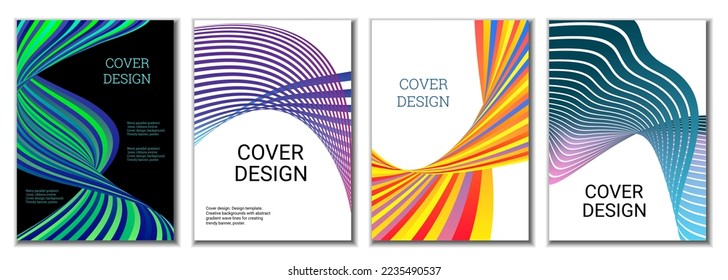 A set of 4 abstract covers. Wavy parallel gradient lines, ribbons evolve. Cover design, background. Trendy banner, poster.