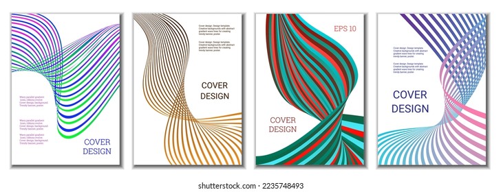 A set of 4 abstract covers. Wavy parallel gradient lines, ribbons evolve. Cover design, background. Trendy banner, poster.
