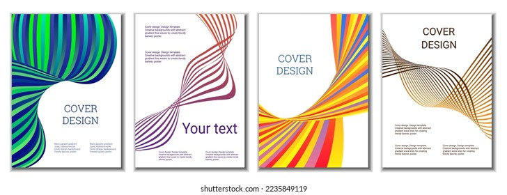A set of 4 abstract covers. Wavy parallel gradient lines, ribbons evolve. Cover design, background. Trendy banner, poster.