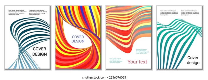 A set of 4 abstract covers. Wavy parallel gradient lines, ribbons evolve. Cover design, background. Trendy banner, poster.