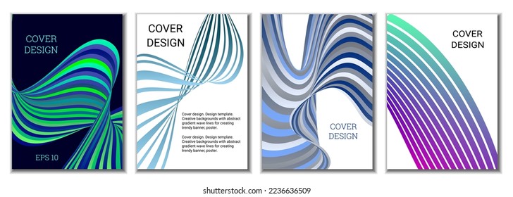 A set of 4 abstract covers. Wavy parallel gradient lines, ribbons evolve. Cover design, background. Trendy banner, poster.