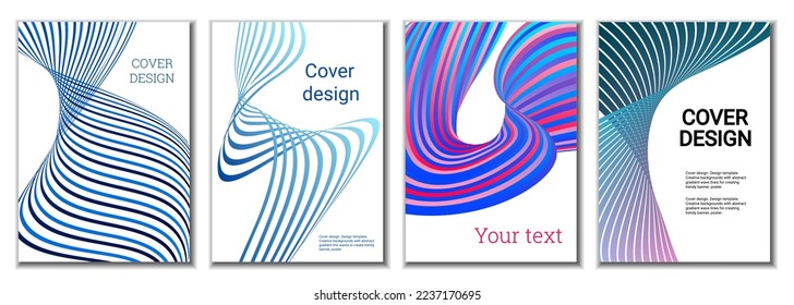 A set of 4 abstract covers. Wavy parallel gradient lines, ribbons evolve. Cover design, background. Trendy banner, poster.