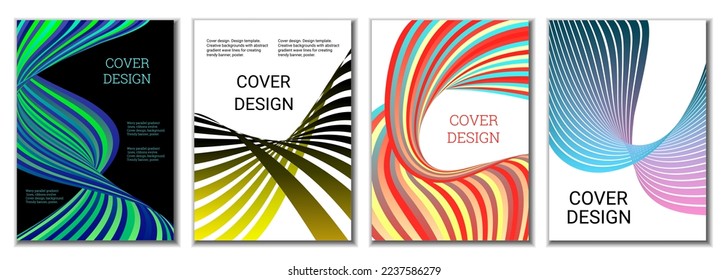 A set of 4 abstract covers. Wavy parallel gradient lines, ribbons evolve. Cover design, background. Trendy banner, poster.