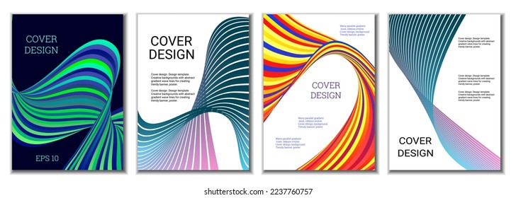 A set of 4 abstract covers. Wavy parallel gradient lines, ribbons evolve. Cover design, background. Trendy banner, poster.