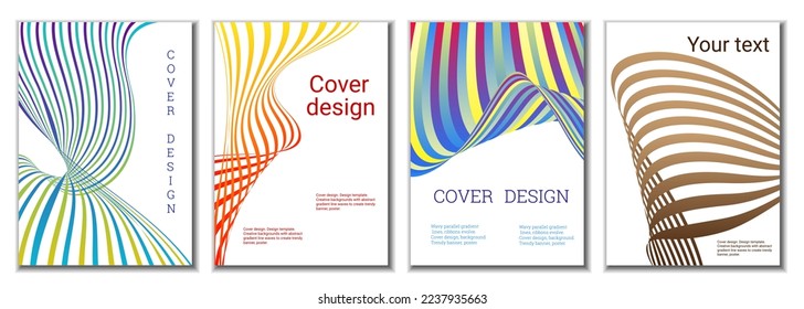 A set of 4 abstract covers. Wavy parallel gradient lines, ribbons evolve. Cover design, background. Trendy banner, poster.