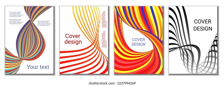 A set of 4 abstract covers. Wavy parallel gradient lines, ribbons evolve. Cover design, background. Trendy banner, poster.