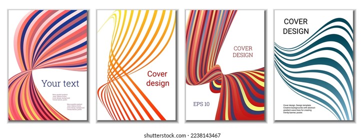 A set of 4 abstract covers. Wavy parallel gradient lines, ribbons evolve. Cover design, background. Trendy banner, poster.