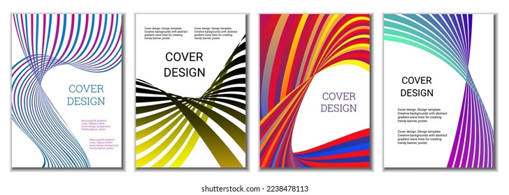 A set of 4 abstract covers. Wavy parallel gradient lines, ribbons evolve. Cover design, background. Trendy banner, poster.