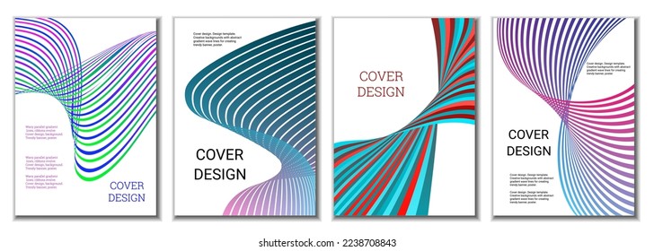 A set of 4 abstract covers. Wavy parallel gradient lines, ribbons evolve. Cover design, background. Trendy banner, poster.