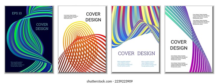 A set of 4 abstract covers. Wavy parallel gradient lines, ribbons evolve. Cover design, background. Trendy banner, poster.