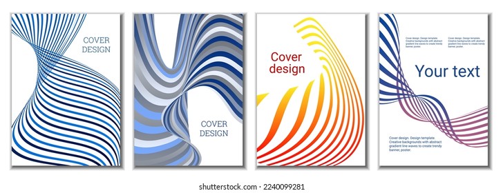 A set of 4 abstract covers. Wavy parallel gradient lines, ribbons evolve. Cover design, background. Trendy banner, poster.