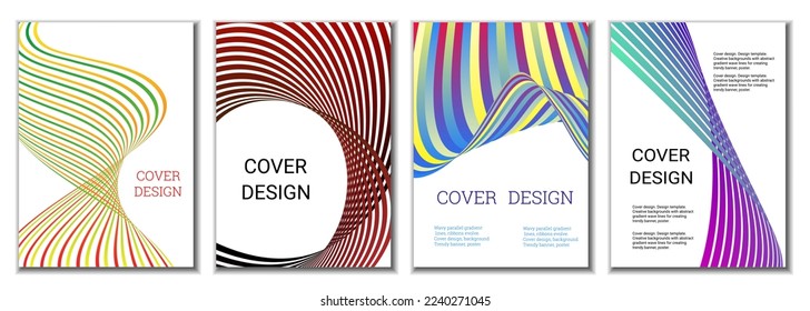 A set of 4 abstract covers. Wavy parallel gradient lines, ribbons evolve. Cover design, background. Trendy banner, poster.