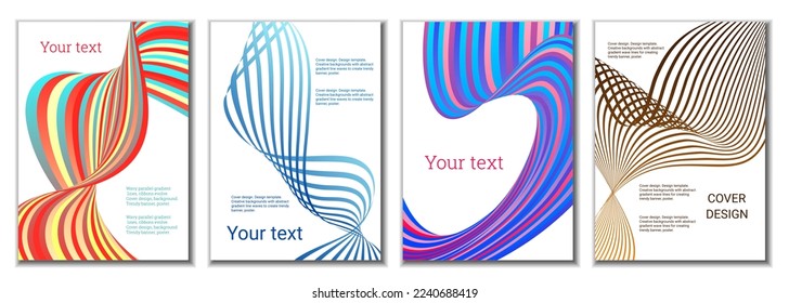 A set of 4 abstract covers. Wavy parallel gradient lines, ribbons evolve. Cover design, background. Trendy banner, poster.