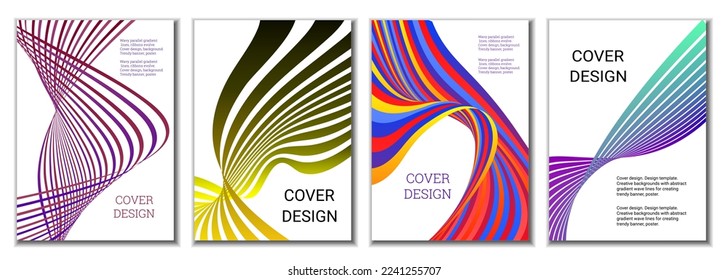 A set of 4 abstract covers. Wavy parallel gradient lines, ribbons evolve. Cover design, background. Trendy banner, poster.