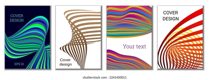 A set of 4 abstract covers. Wavy parallel gradient lines, ribbons evolve. Cover design, background. Trendy banner, poster.