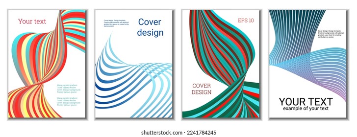 A set of 4 abstract covers. Wavy parallel gradient lines, ribbons evolve. Cover design, background. Trendy banner, poster.