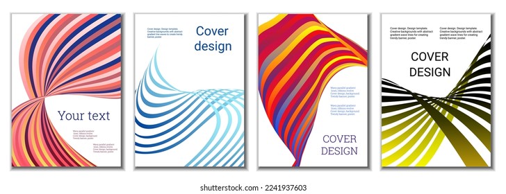 A set of 4 abstract covers. Wavy parallel gradient lines, ribbons evolve. Cover design, background. Trendy banner, poster.