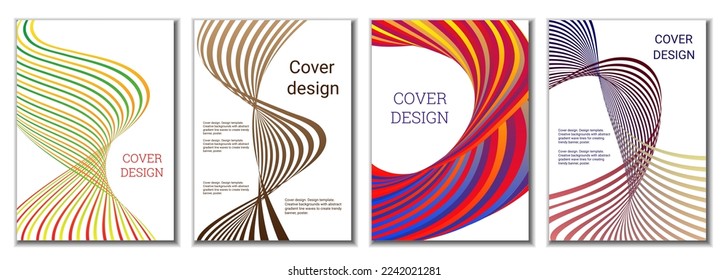 A set of 4 abstract covers. Wavy parallel gradient lines, ribbons evolve. Cover design, background. Trendy banner, poster.