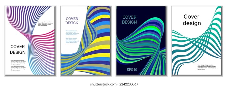 A set of 4 abstract covers. Wavy parallel gradient lines, ribbons evolve. Cover design, background. Trendy banner, poster.