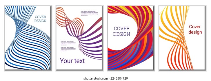 A set of 4 abstract covers. Wavy parallel gradient lines, ribbons evolve. Cover design, background. Trendy banner, poster.