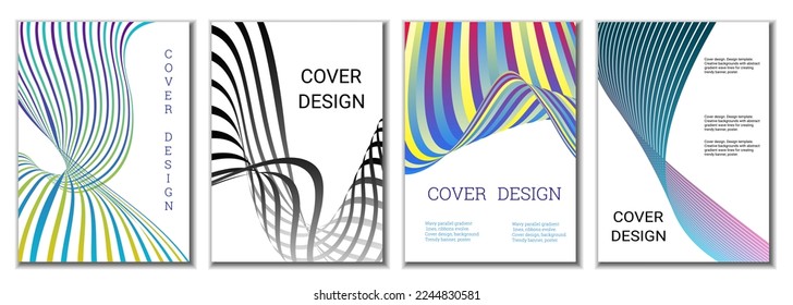 A set of 4 abstract covers. Wavy parallel gradient lines, ribbons evolve. Cover design, background. Trendy banner, poster.