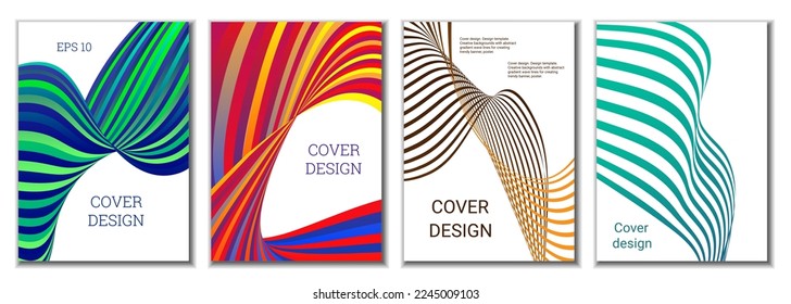 A set of 4 abstract covers. Wavy parallel gradient lines, ribbons evolve. Cover design, background. Trendy banner, poster.