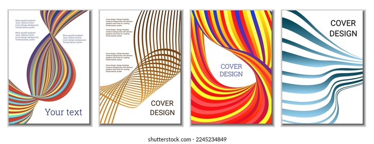 A set of 4 abstract covers. Wavy parallel gradient lines, ribbons evolve. Cover design, background. Trendy banner, poster.