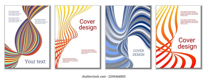 A set of 4 abstract covers. Wavy parallel gradient lines, ribbons evolve. Cover design, background. Trendy banner, poster.